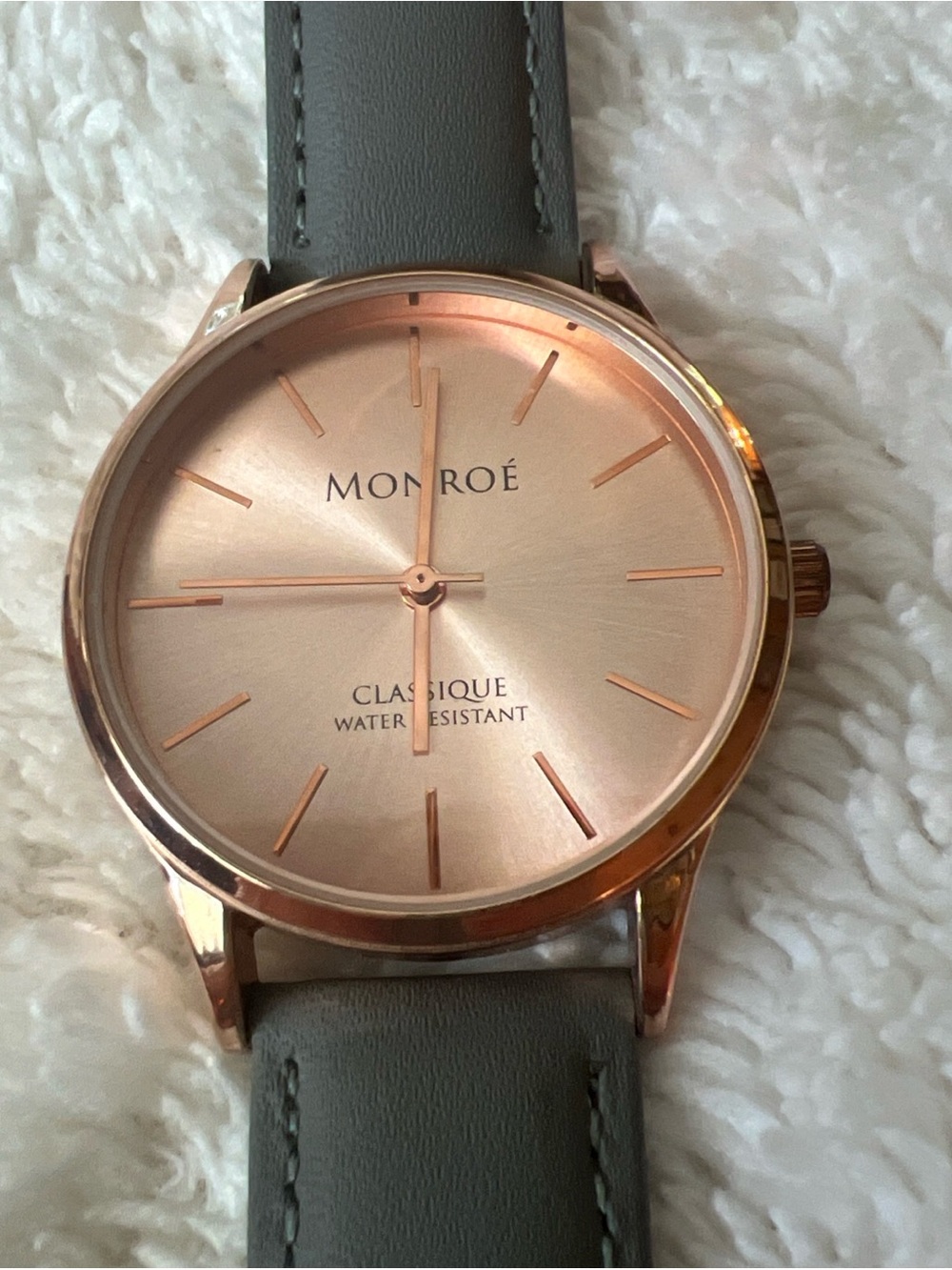 NWOT Monroe Ladies Watch, Rose Gold Gray Leather band, Needs Battery Waterproof